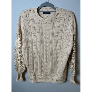 DOKOTOO Beige Crochet Knit Sweater Floral Lace Sleeve Pullover Tan Large